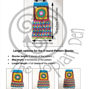 May include: A crochet leg warmer pattern guide with measurements. The leg warmer is 40.64 cm long and 16.51 cm wide. The guide shows short, mid, and long length options. The text reads "Measurement & Sizing Guide."