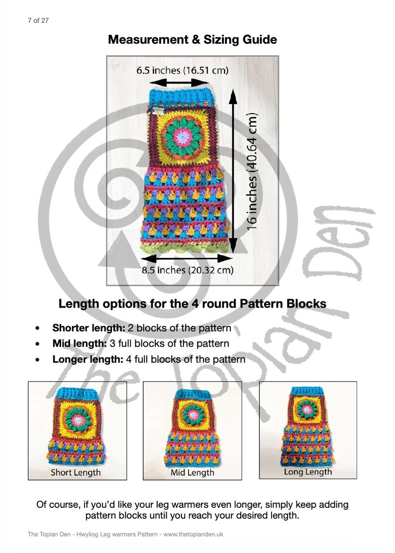 May include: A crochet leg warmer pattern guide with measurements. The leg warmer is 40.64 cm long and 16.51 cm wide. The guide shows short, mid, and long length options. The text reads "Measurement & Sizing Guide."