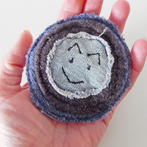 Quirky Badge - Wool Felted Brooch - Face Emotion Expression Patch - Recycled Upcycled Eco Friendly Gift