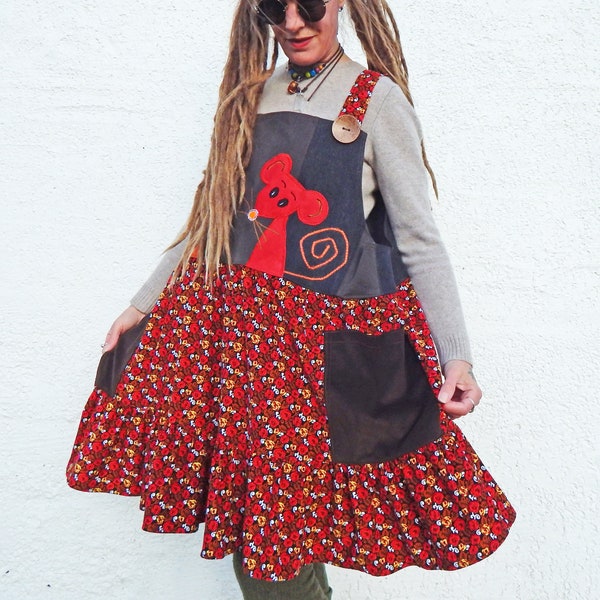 Mouse Pinafore - Floral Tiered Dress - Cotton Needlecord - Denim - Relaxed Loose Fit - Plus Size