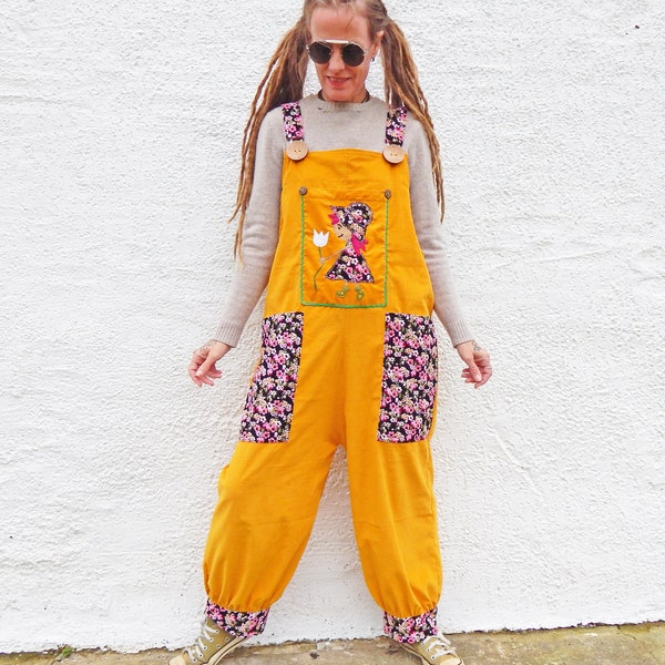 Yellow Dungarees - Needlecord Romper - Floral Corduroy - Large Pockets - Rag Doll Applique - Relaxed Fit Overalls - Loungewear Jumpsuit