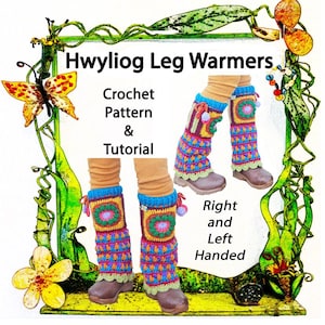 May include: Image of crochet leg warmers in various colours, with the text "Hwyiog Leg Warmers Crochet Pattern & Tutorial". The leg warmers are displayed on legs, featuring a square pattern and pom-poms. The text also says "Right and Left Handed".