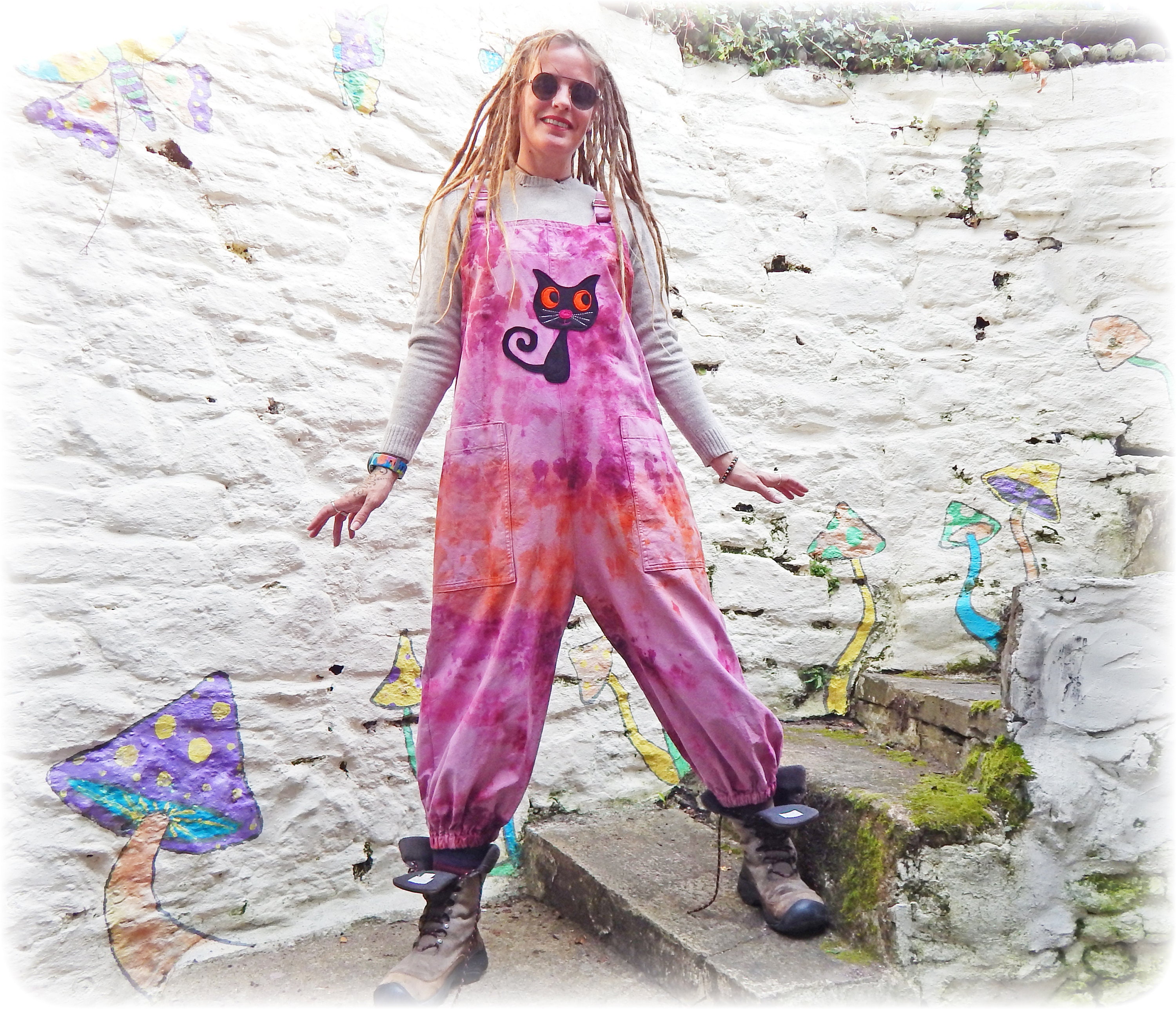 Image of Cat Dungarees - Tie Dye Baggy Hippy Womens Overalls Relaxed Fit Hand Dyed Pink Orange Jumpsuit Romper Quirky Unique Clothing