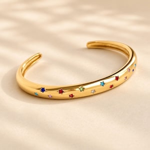 Colour Pop Star Gemstone Cuff Bracelet | 18k Gold Plated Open Bangle | Celestial Star Bracelet | Minimal Gold Bracelet | Gift for Her