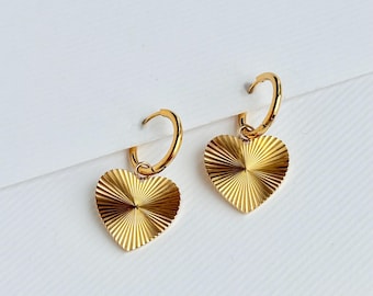 Gold Sunburst Heart Earrings | Heart Charm Hoop Earrings | Dainty Heart Huggie Hoops | Gift for Her