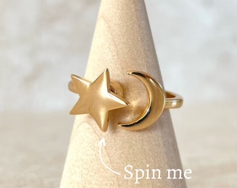 Adjustable Star & Moon Anxiety Spinner Ring | Gold or Silver Fidget Ring | Minimalist Everyday Luxury Gift for Her |