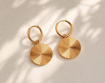 Sunburst Disc Hoop Earrings | 18k Gold Plated Huggie Hoops | 16mm Circle Coin Earrings | Dainty Everyday Gold Earrings | Gift For Her |