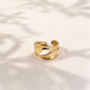May include: A gold-toned ring featuring an open, bypass-style design with two overlapping, fluid, and organic-shaped bands. The surface of the metal has a smooth, polished finish that reflects light, creating a continuous, flowing silhouette.
