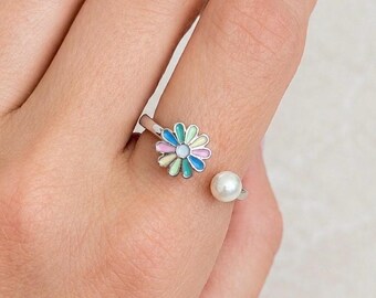 Zilveren ring met draaiende bloem | Kleurrijke madeliefjesring | Cadeau voor haar | Fidgetring |