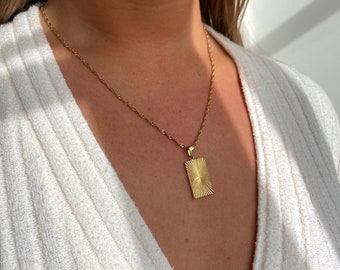 18k Gold Necklace | Sun | Tarnish Free | Rays | Waterwave Chain | Layered | Pendant | Boho | Jewellery | Rectangle | Waterproof | Golden |