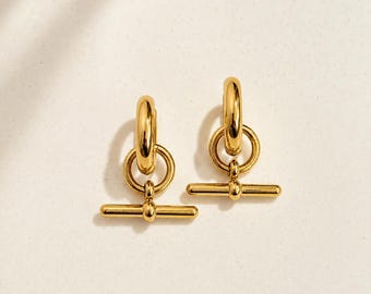 18k Gold Plated TBar Hoop Earrings | Huggie Hoops | Minimalist Dangle Earrings | Waterproof Tarnish Resistant | Gift for Her