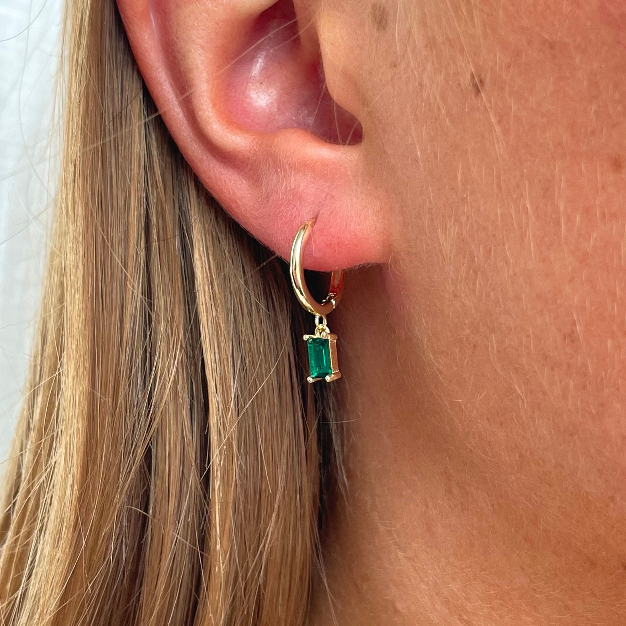 Gold Emerald Charm Huggie Hoop Earrings | Drop | Pendant | Minimalist | Gift | Birthday | Friend | Sterling Silver | Green | Simple |