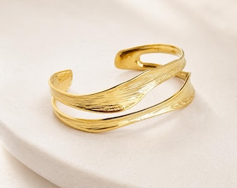 18k Gold Plated Cuff Bracelet | Waterproof Tarnish Resistant Minimalist Wave Bangle | Textured Statement Cuff | Gift for Her |