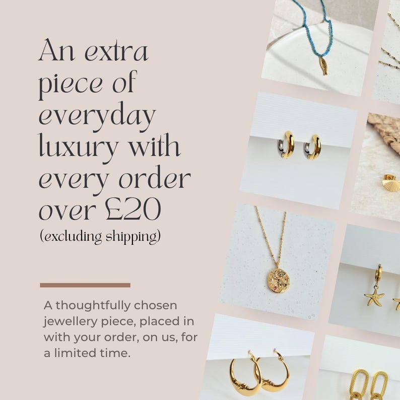 May include: An advertisement featuring various gold-toned jewelry pieces, including necklaces and earrings, against a light pink background. The text promotes a free jewelry gift with orders over a certain amount.
