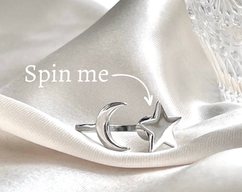 Party Favour | Gift | Spinner Ring | Anxiety | Bag | Filler | Birthday | Bridal | Shower | Hen | Adjustable | Star | Moon | Silver |