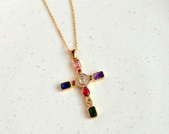 Colourful Gem Cross Necklace | Gold Cross Pendant Necklace | Statement Cross Necklace | Necklace | Tarnish Resistant Gift for Her