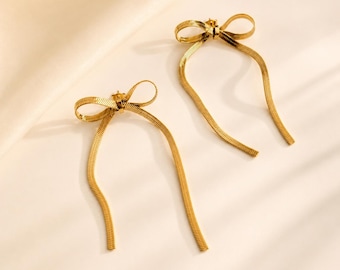 Gold Bow Drop Earrings | 18k Gold Plated | Ribbon Snake Chain Dangle Earrings | Coquette Bow | Tarnish Resistant Gift for Her