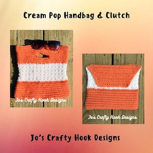 May include: A crocheted handbag and clutch set in orange and white. The handbag has a handle and a small opening for a phone or sunglasses. The clutch is a smaller version of the handbag.