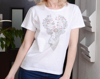 SALE T-shirt with print - Pastel deer with mandalas.