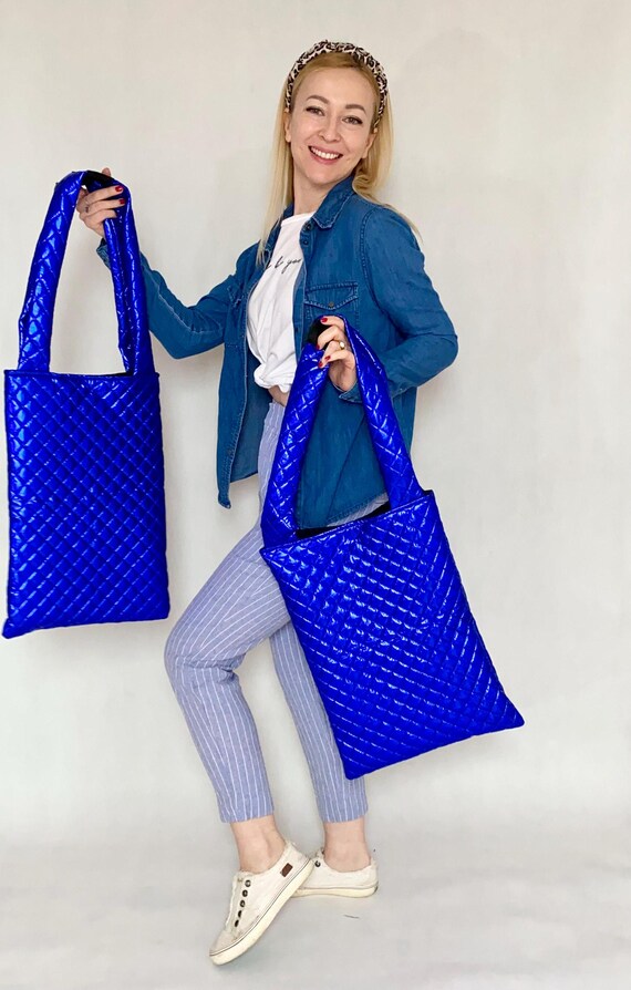 Quilted Cobalt Blue Shopper Bag – Metallic, Stylish, Unique  display picture 1