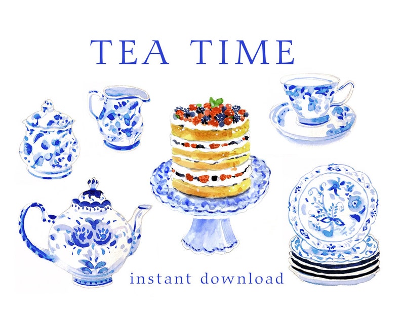 Printable Teapot Cake Tea Tea Time Blue and White Tea Set Etsy