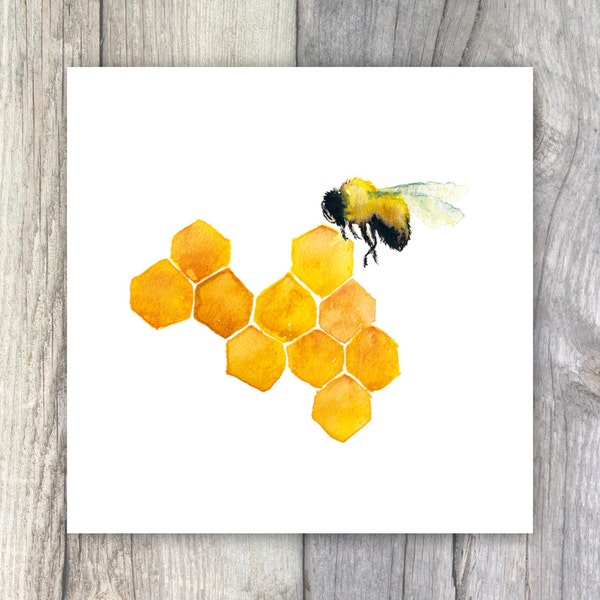Honey Bee Watercolour Painting Print 6x6 inches Kitchen Art Cafe Decor Honeycomb