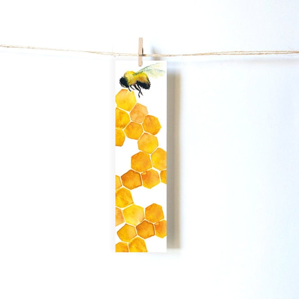 Honey Bee Bookmark, Card Bookmark, Nature Bookmark, Watercolour Print, Colourful Bookmark, Patterned Bookmark, Fancy Bookmark, Cute Bookmark