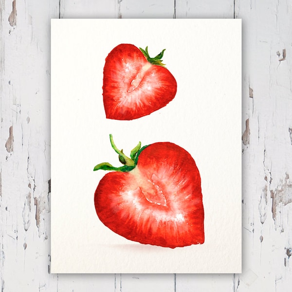 Strawberry Print Watercolour Painting Food Kitchen Art Still Life Cafe Decor 6x8 inch