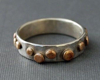 Hammered Silver Ring Band with Bronze Dots