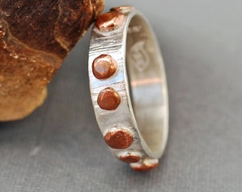 Hammered Silver Ring Band with Copper Dots