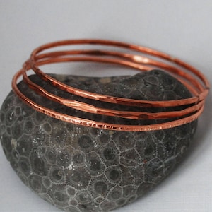 Hammered Copper Bangles Set of Three, Copper Skinny, Stacking Bangles