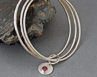 Silver Bangle Set with Gemstone Charm