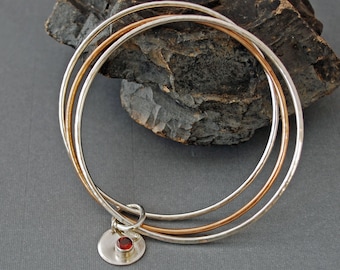 Silver and Bronze Bangle Set with Gemstone Charm