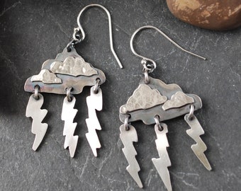 Silver Cloud Earrings with Dangling Lightning Bolts