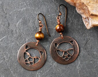 Wild Cat Earrings, Cougar Earrings, Copper with Tigers Eye