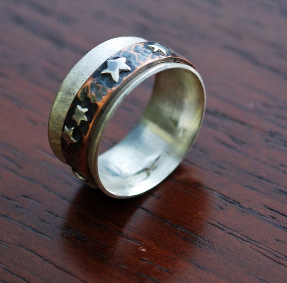 Silver Copper Spinner Ring, Star Spinner Ring, Mixed Metal Worry Ring