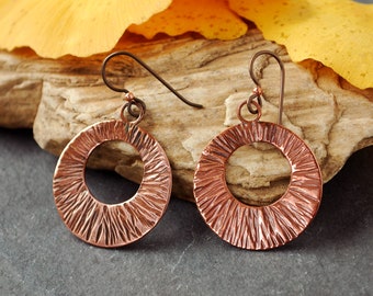 Hammered Copper Circle, Hoop Style Earrings