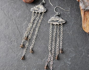 Silver Cloud Earrings, Chain Rain and Smoky Quartz