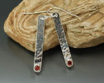 Hammered Silver Stick Earrings with Garnet, January Birthstone Earrings