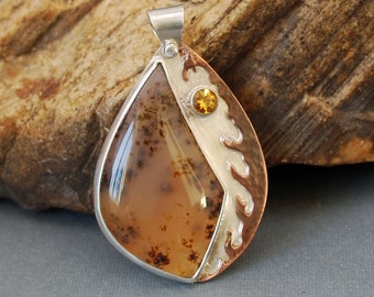 Montana Agate Silver Pendant with Citrine and Hammered Copper