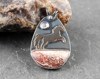 Horse Pendant with Crazy Lace Agate,Moonstone