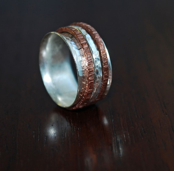 Silver Copper Spinner Ring, Triple Spinner Ring, Kinetic Ring