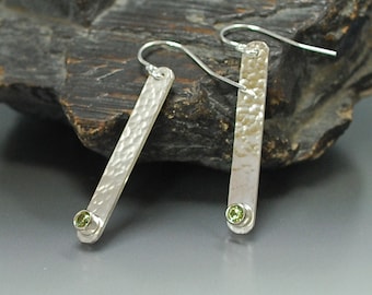 Hammered Silver Stick Earrings with Peridot,August Birthstone Earrings