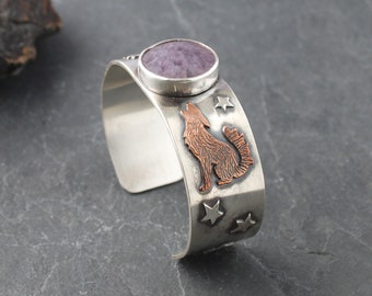 Silver Cuff with Copper Coyotes, Wolves, Silver Stars