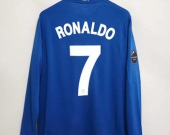 Retro 2008–2009 Away Blue Manchester United UCL Langarmtrikot – wie von Ronaldo, Rooney und Giggs getragen, MU-Trikot, Ronaldo-Trikot