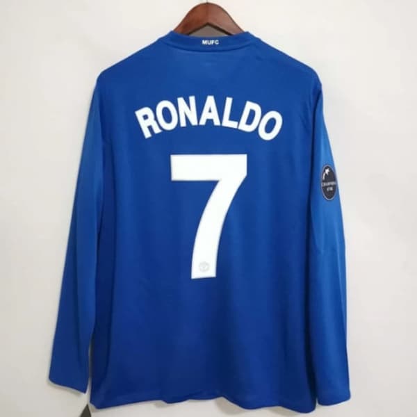 Retro 2008 - 2009 Away Blue Manchester United UCL Long Sleeve Jersey – As worn by Ronaldo, Rooney and Giggs, MU Jersey, Ronaldo Jersey