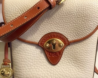 Stunning 1980's Authentic Dooney and Bourke Binocular Shoulder Bag, Crossbody Bag, Beige and British Tan Pebbled All Weather Leather.