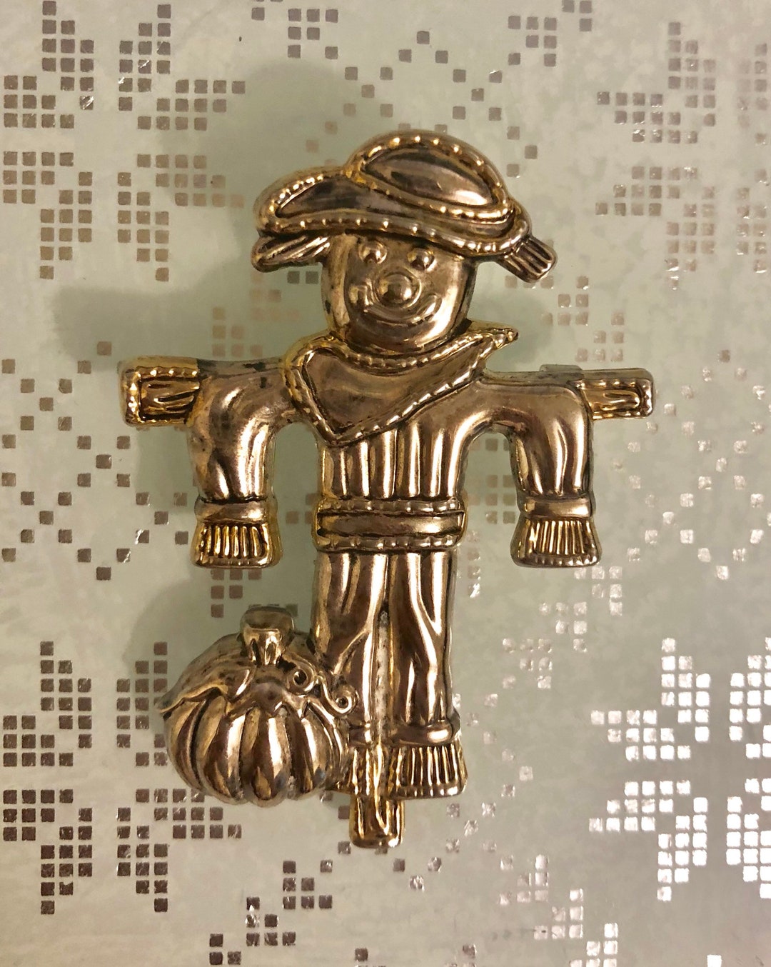 Beautiful Signed Artisan Scarecrow Brooch or Pendant, Silver and Gold Plated, Autumn/fall