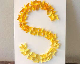 Butterfly Monogram Letter Art, Yellow Ombre Nursery Decor (11x14)