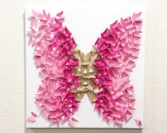 Gold Pink Butterfly On Canvas Made of Butterflies Wall Art Nursery Baby Room Hang Girls Birthday Baby Shower Gift Customized Personal Art